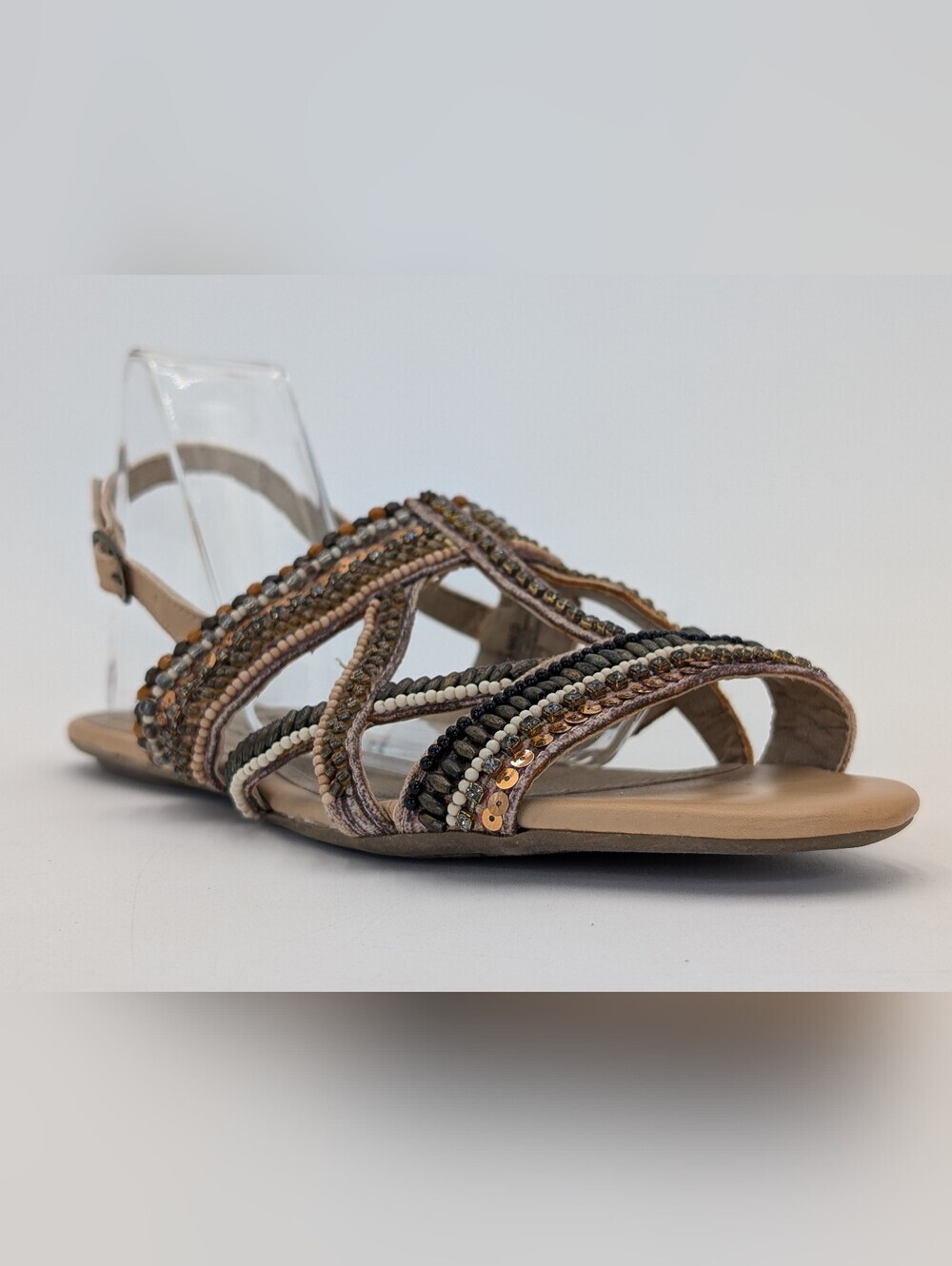 Kenneth Cole Reaction Sz 7.5M Bronze/Taupe With Beads/Sequin & Criss-Cross Strap - Picture 4 of 17